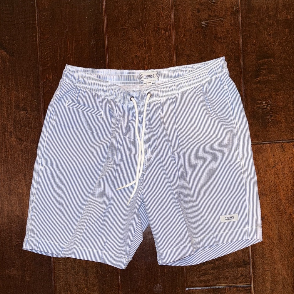 Trunks Men's White and Blue Pinstripe Swim Trunks